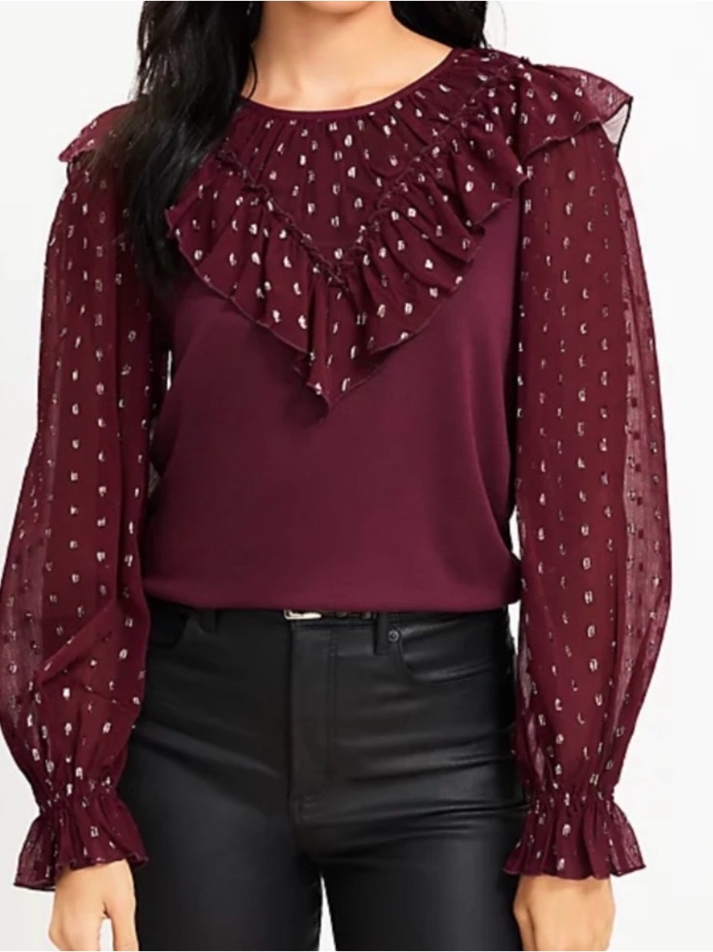 LOFT Shimmer Dotted Ruffle Yoke Mixed Media Top in Wine size Large